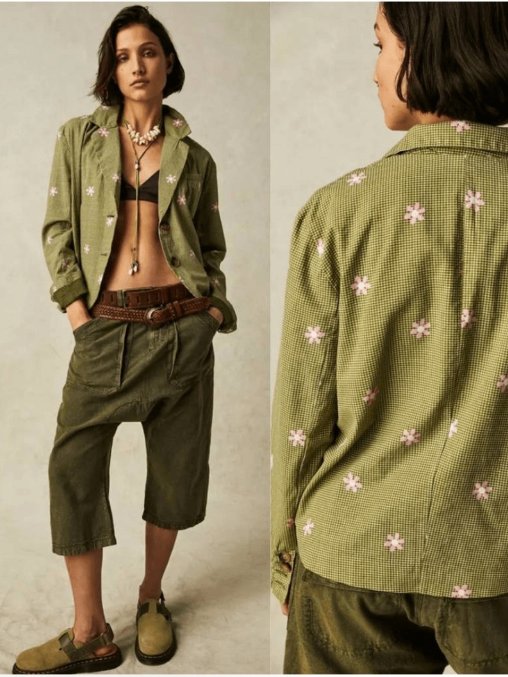 We The Free Cali Printed Floral Blazer Jacket in Moss Green Cotton Rayon - M